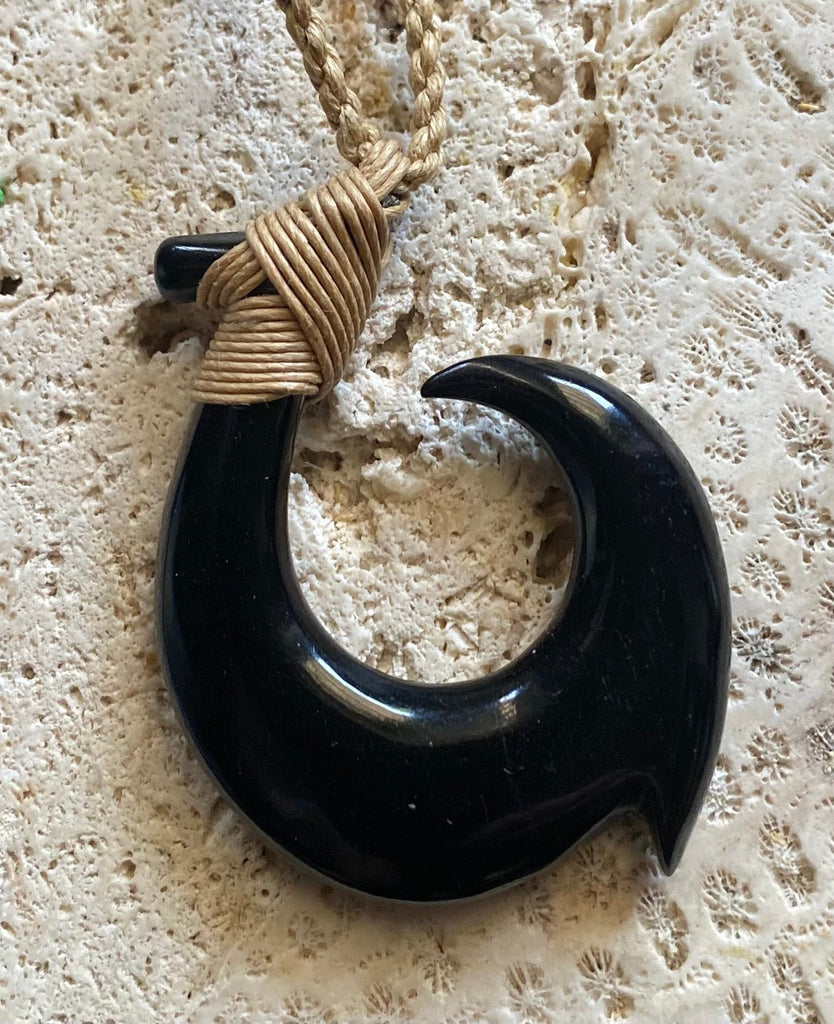 Black Water Buffalo Bone Fish Hook Necklace 1 1/2