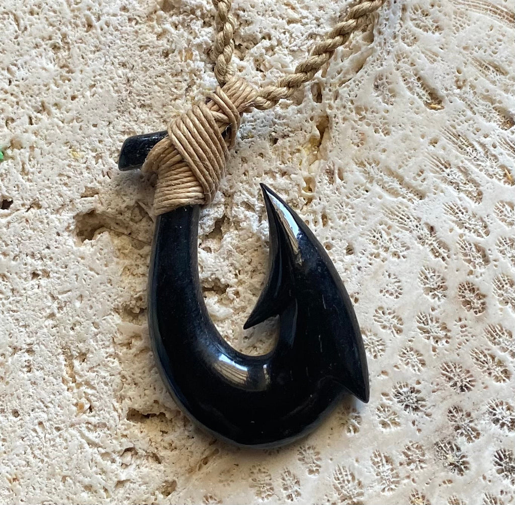 Black Water Buffalo Bone Fish Hook Necklace 1