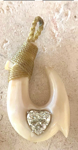 Island Fish Hook Pendant Warthog Tusk Ivory 1.45Ct Heart Diamond